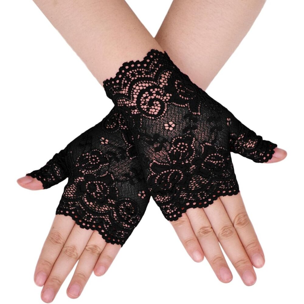 Women's Short St120-Black Lace Open Half Finger Gloves Wedding Party Prom